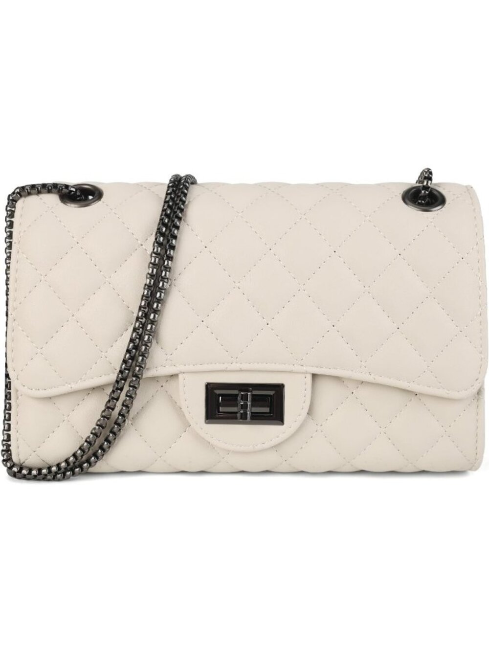 Women's Beige Quilted Crossbody Structured Purse Chain Strap Shoulder Bag